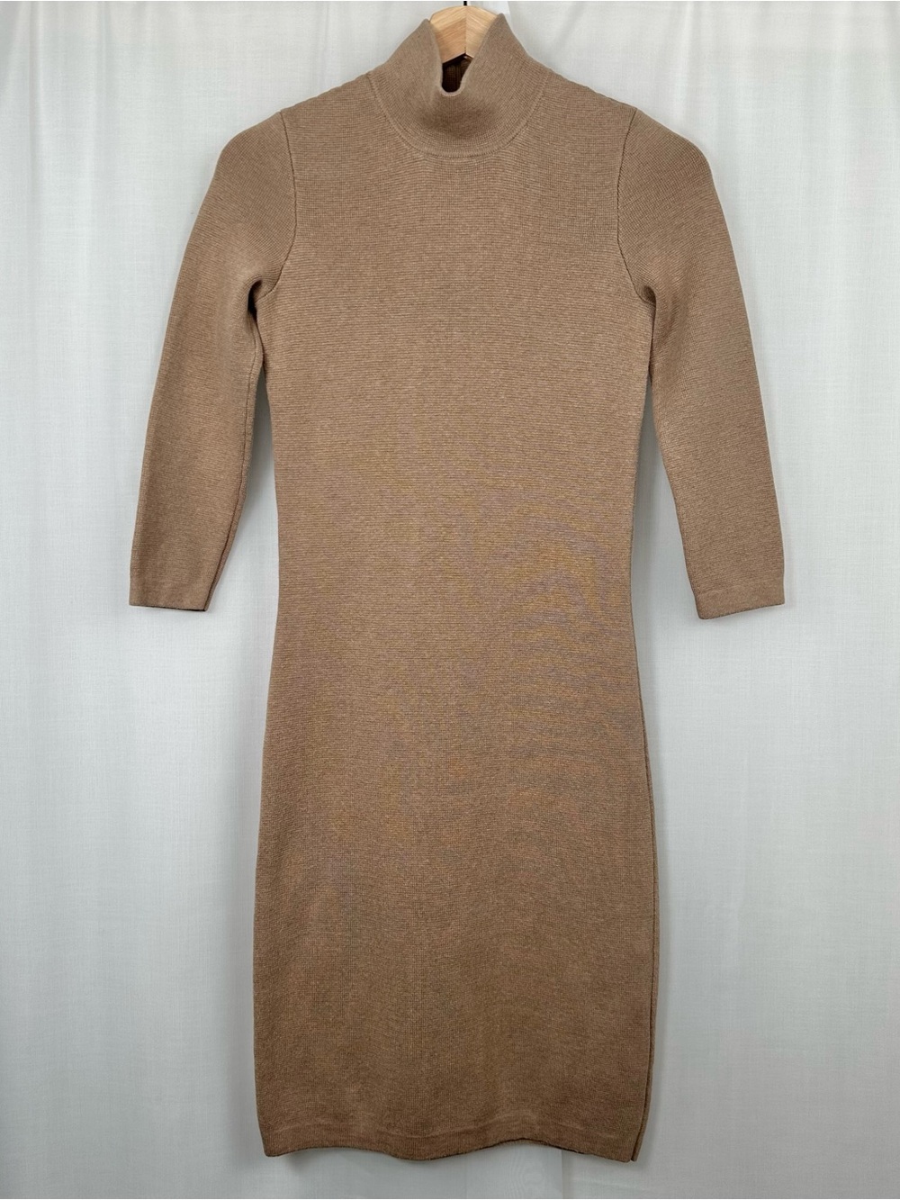 J McLaughlin Camel‎ Knit Sheath Sweater Dress XS Mock Neck Quiet Luxury Career